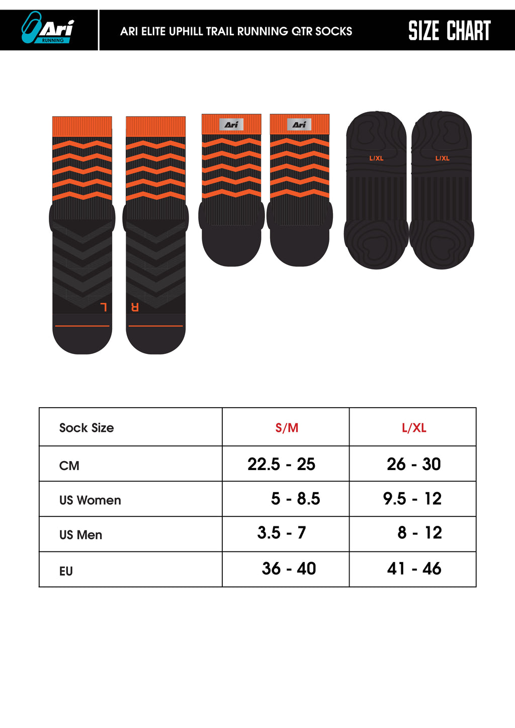 ARI ELITE UPHILL TRAIL RUNNING QTR SOCKS - BLACK/ORANGE/BLACK