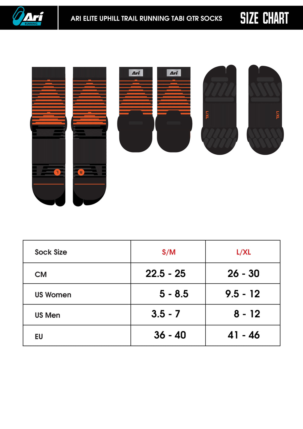 ARI ELITE UPHILL TRAIL RUNNING TABI QTR SOCKS - BLACK/ORANGE/BLACK
