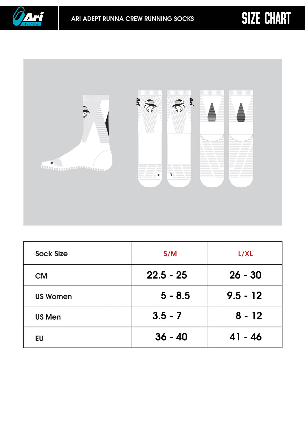 ARI ADEPT RUNNA CREW RUNNING SOCKS - WHITE/BLACK/WHITE